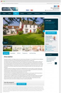 The property details page features a photo gallery which has a full screen mode, tabbed interface containing the description, room details, floorplan(s) and a arial view map powered by Bing.
